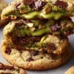 Pistachio cream cookies freshly baked and decorated with pistachios.