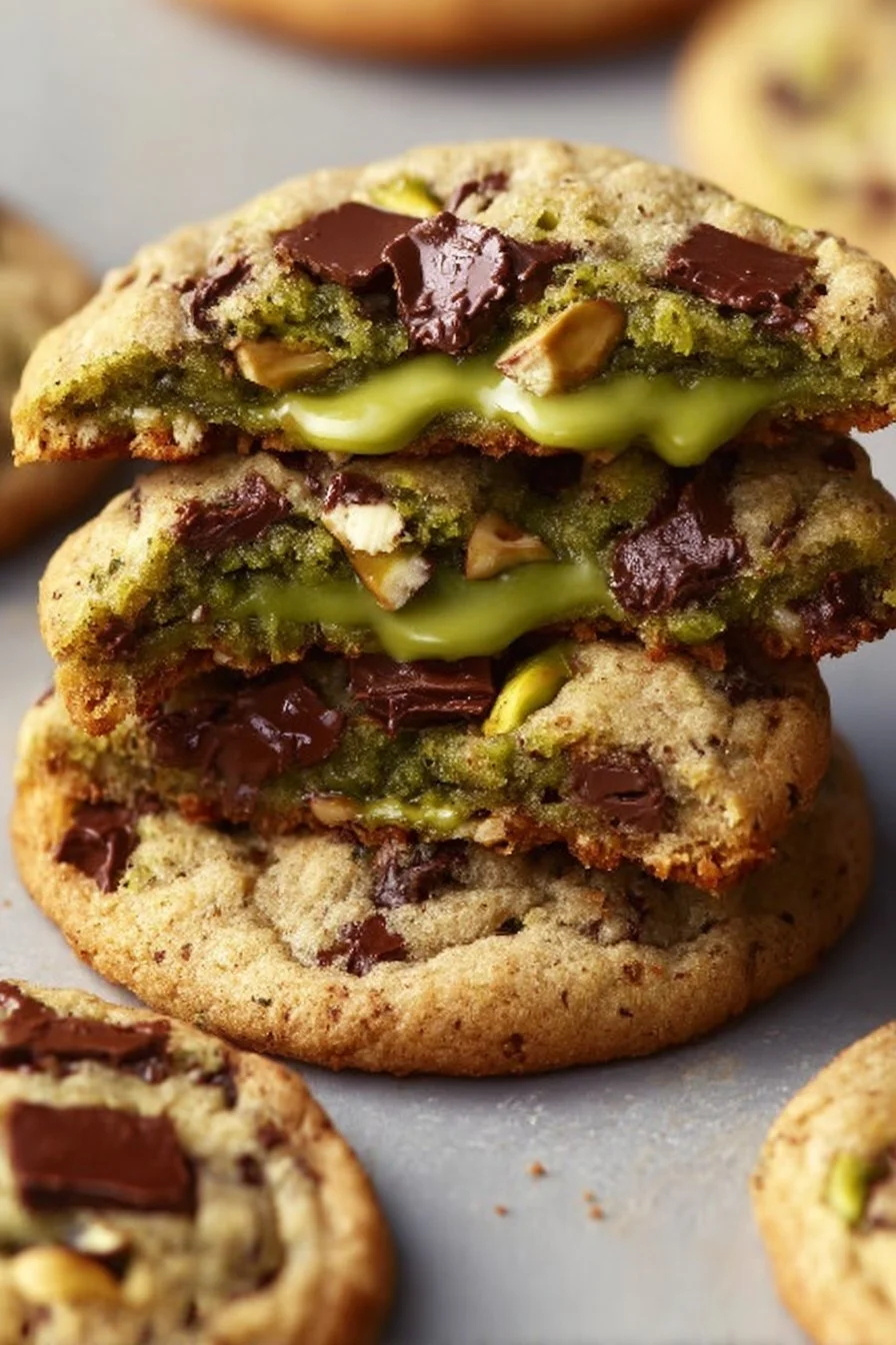 Pistachio cream cookies freshly baked and decorated with pistachios.