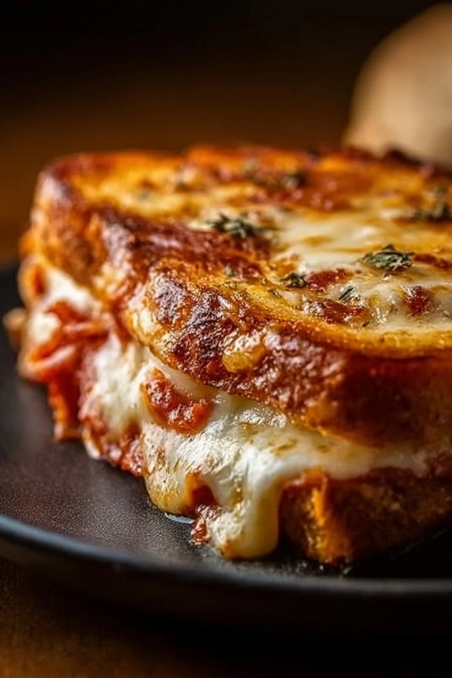 Delicious Pizza Grilled Cheese sandwich with melted cheese and pepperoni