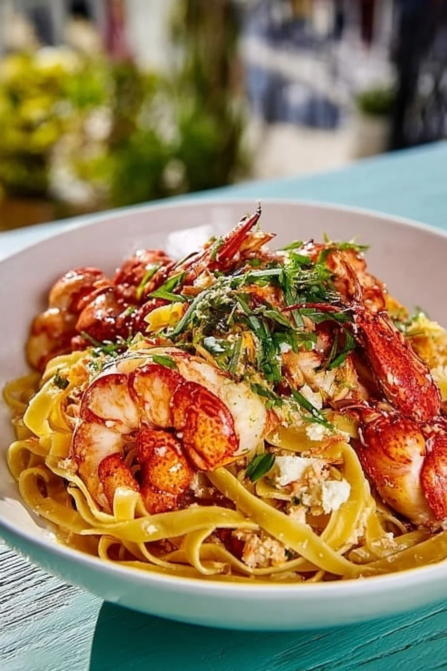 Prawn pasta with lemon and chilli served in a bowl