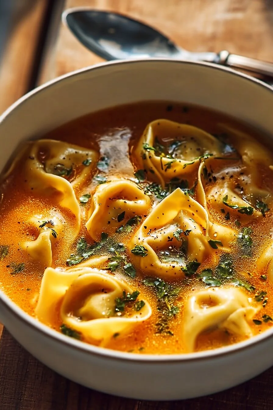 Bowl of creamy Pumpkin Tortellini Soup with sage leaves and spices