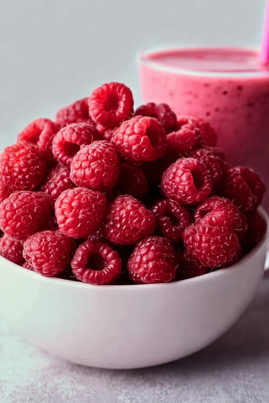 A refreshing raspberry smoothie in a glass with fresh raspberries and mint