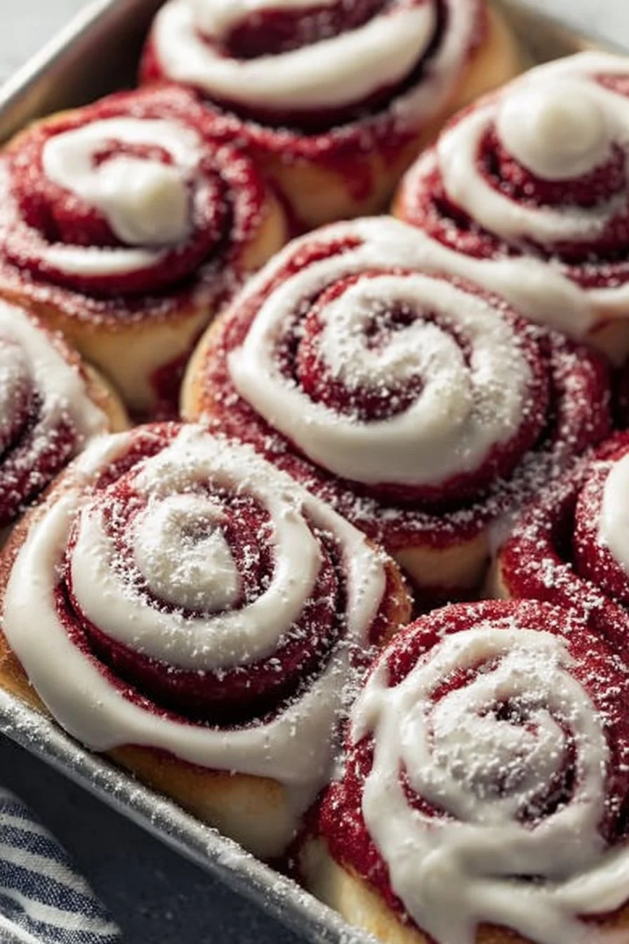 Red Velvet Cinnamon Rolls topped with cream cheese frosting, a festive treat.
