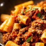 Plate of Rigatoni Bolognese topped with grated cheese and fresh herbs