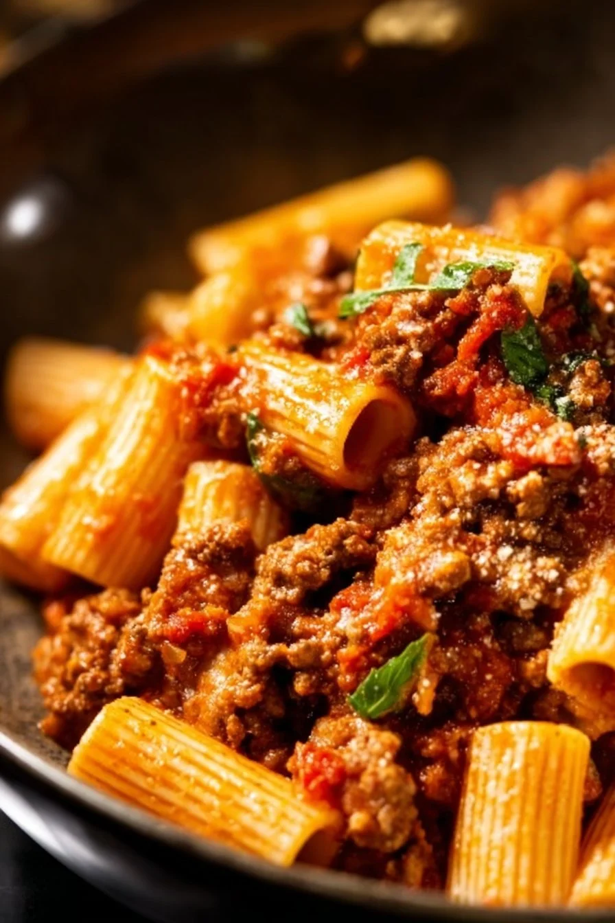 Plate of Rigatoni Bolognese topped with grated cheese and fresh herbs