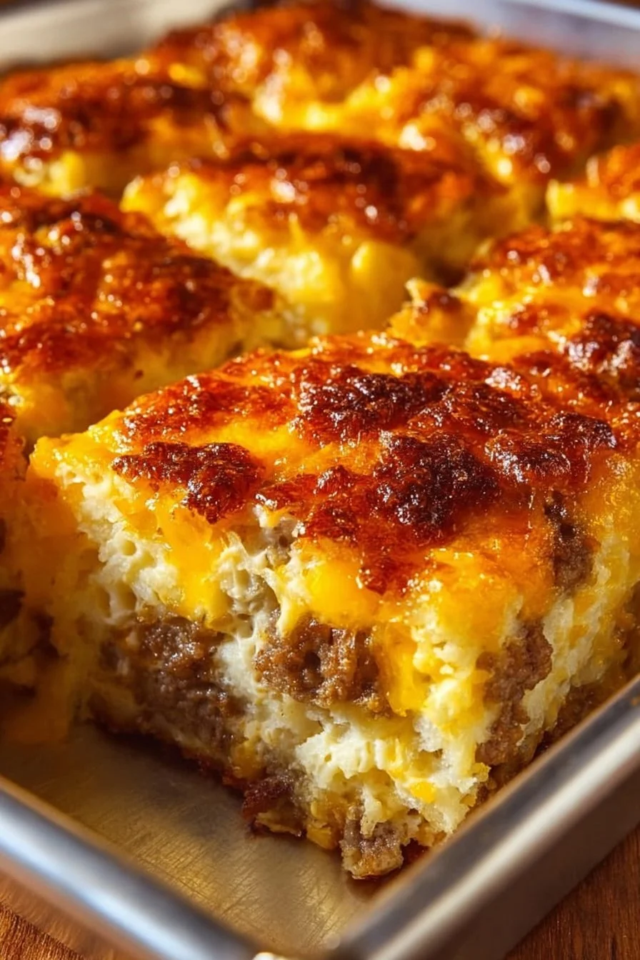 Sausage, Egg, and Cream Cheese Hashbrown Casserole baked to perfection.