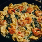 Shrimp tortellini with garlic sauce served in a bowl, garnished with parsley.