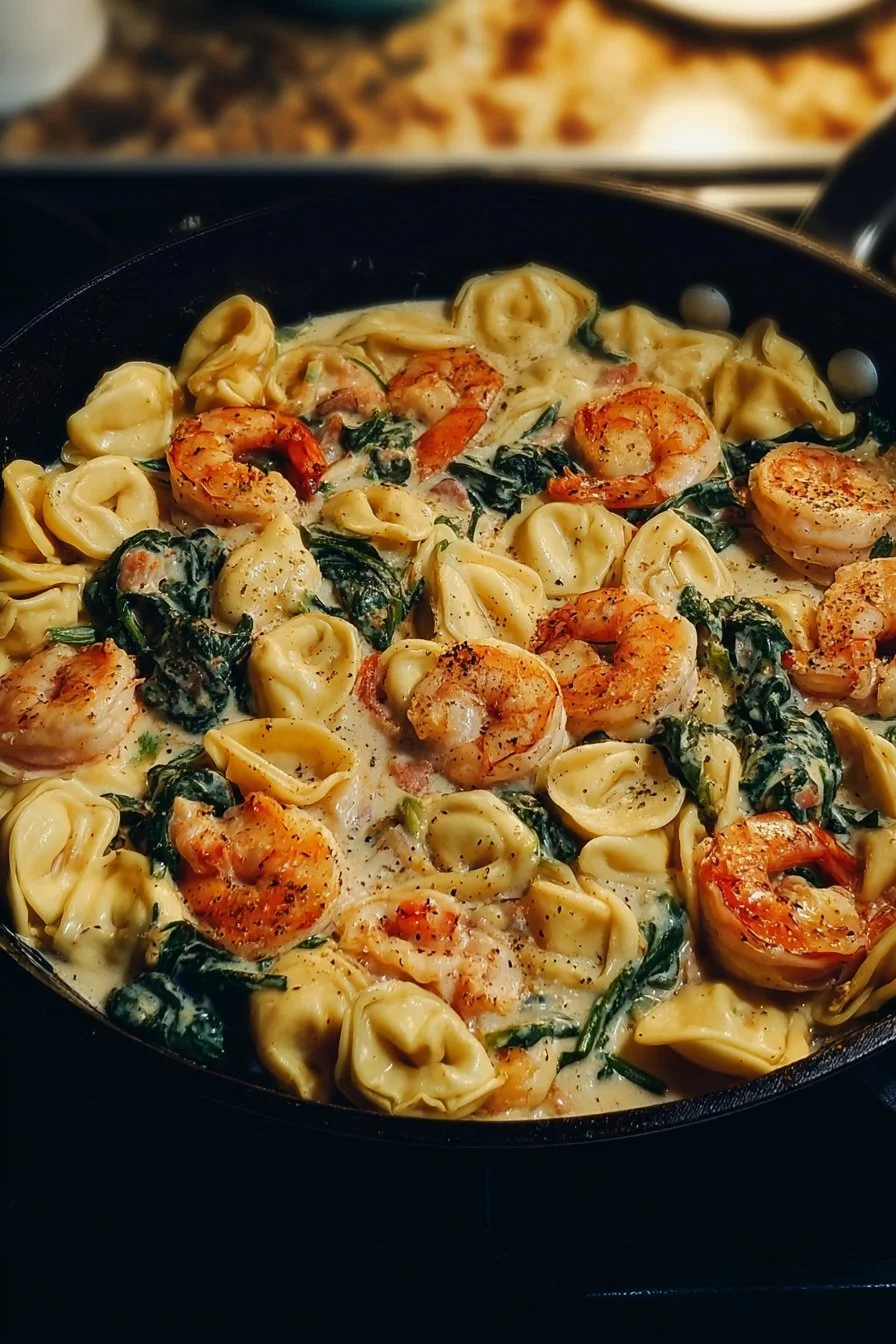 Shrimp tortellini with garlic sauce served in a bowl, garnished with parsley.