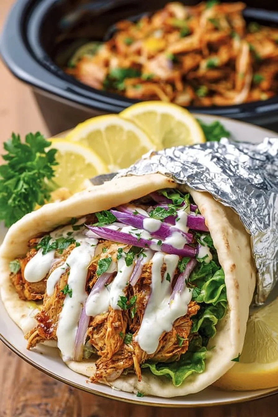 Slow Cooker Chicken Shawarma served with fresh vegetables and pita bread.