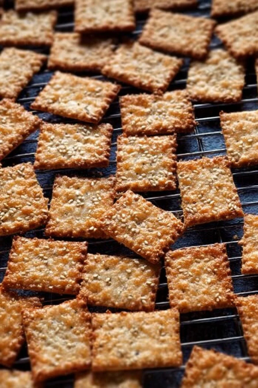 Homemade sourdough discard crackers with cheese and herbs, perfect for snacking.