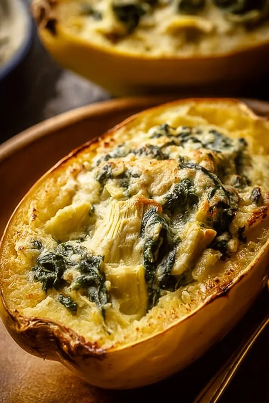 Spinach and Artichoke Stuffed Spaghetti Squash served on a plate