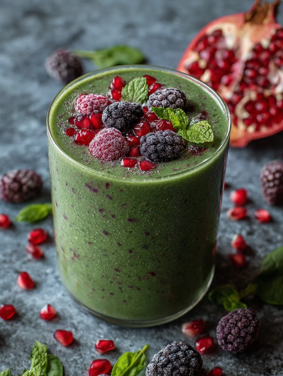 Delicious spinach and berry smoothie in a glass with fresh ingredients