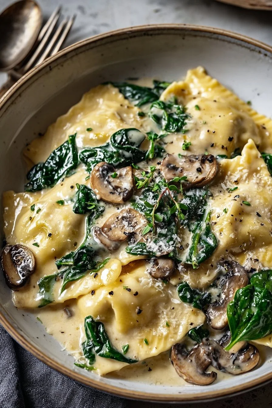 Delicious Spinach and Mushroom Alfredo Ravioli topped with creamy sauce