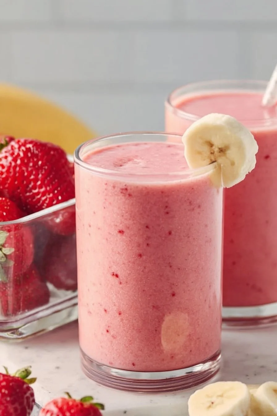 Delicious strawberry banana smoothie in a glass with fresh fruit slices