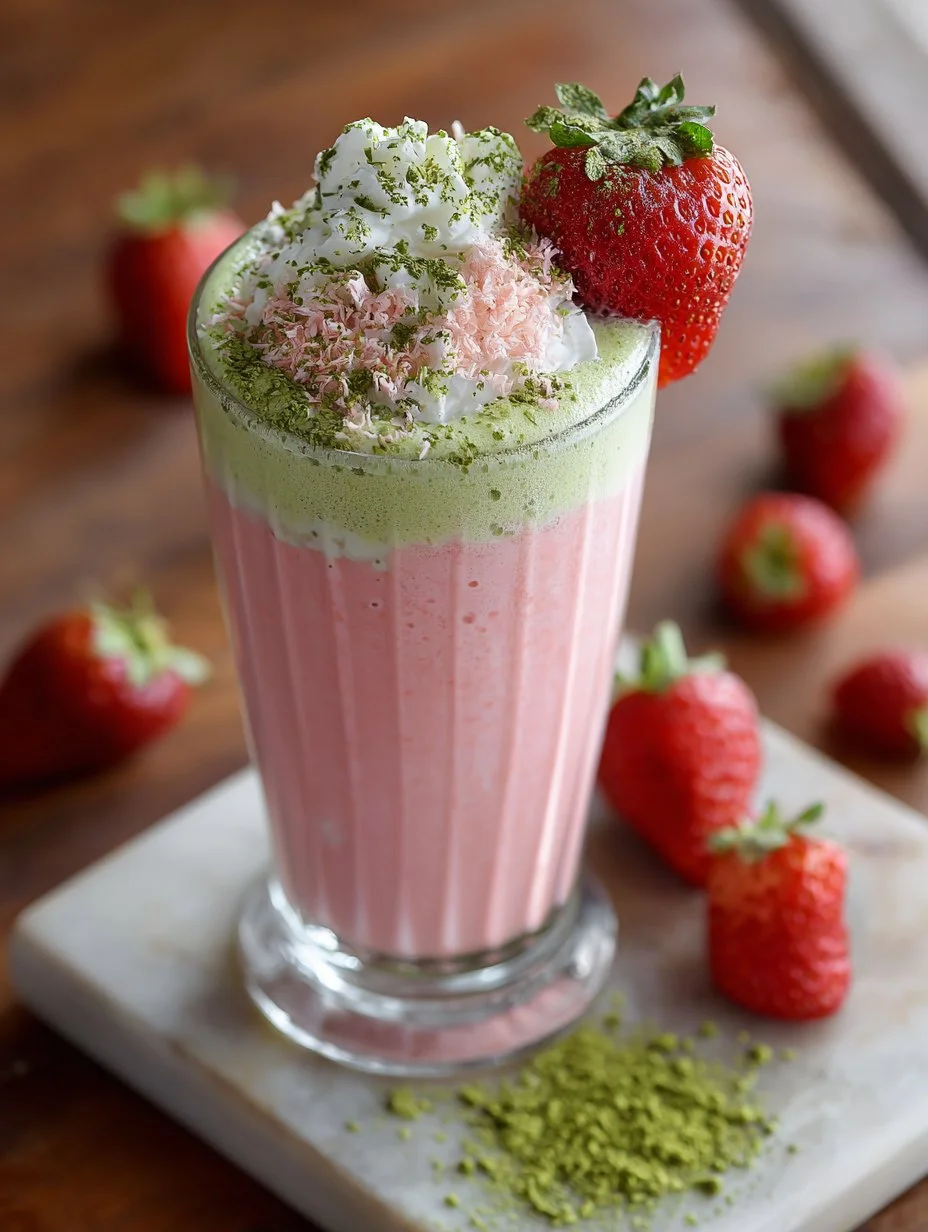 Strawberry matcha smoothie in a glass with fresh strawberries and matcha powder