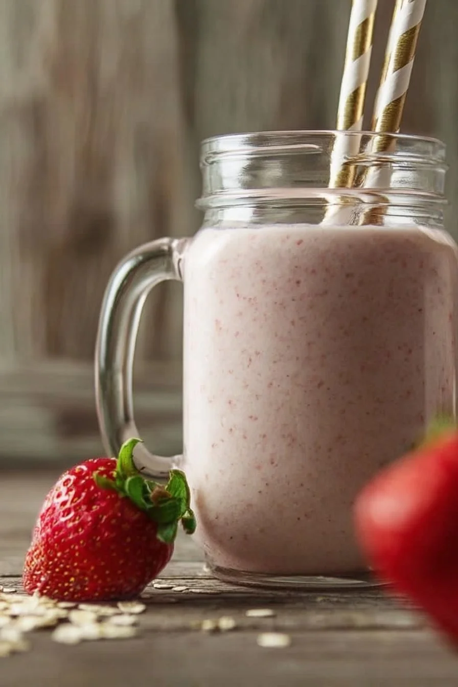 Strawberry oatmeal breakfast smoothie in a glass with fresh strawberries