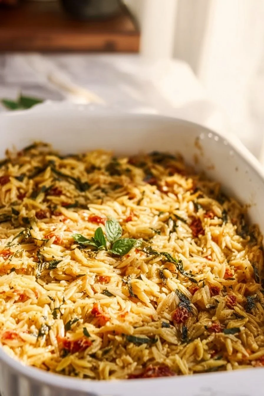 Baked orzo with sundried tomatoes and Boursin cheese in a casserole dish