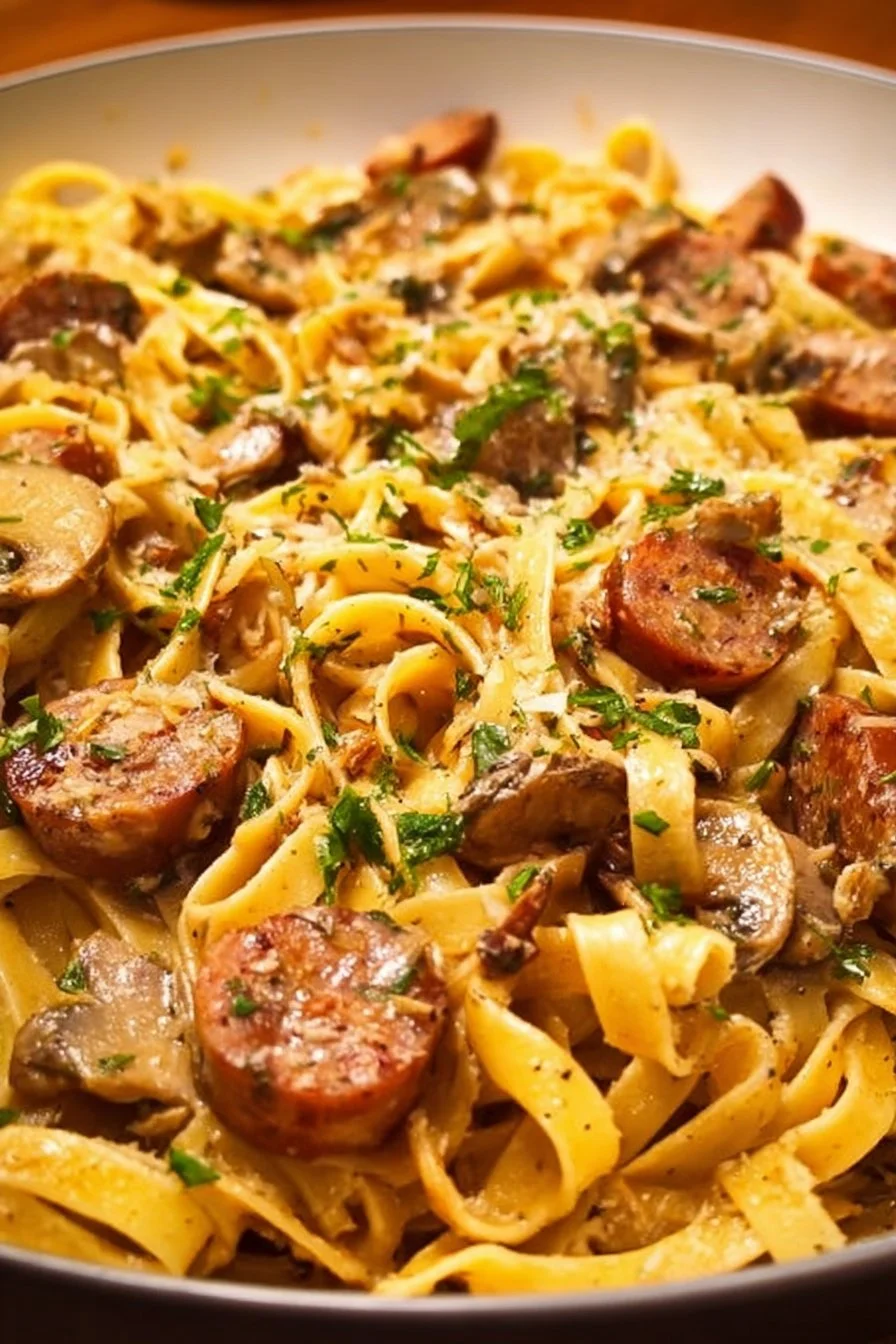 Delicious Tagliatelle Stroganoff with sausages and chestnut mushrooms served in a bowl.