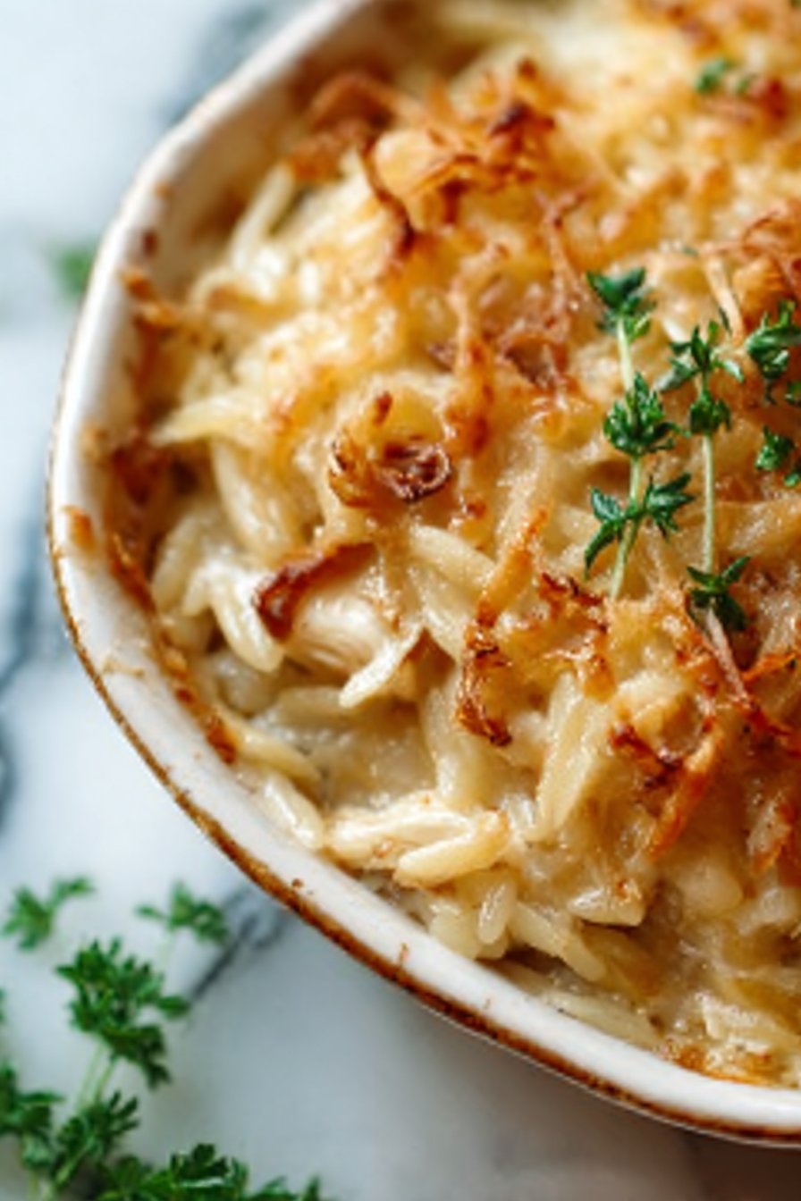 French Onion Chicken Orzo Casserole