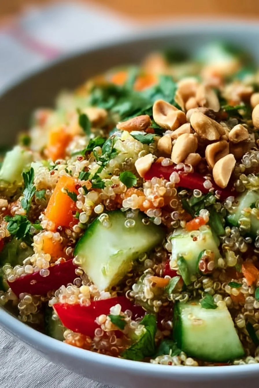 Colorful Thai Quinoa Crunch Salad with fresh vegetables and lime dressing