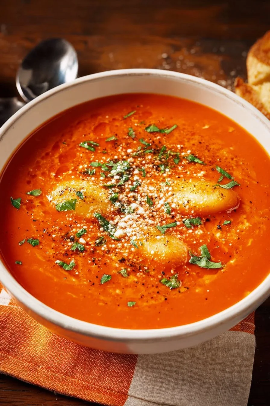 Bowl of delicious Tomato Gnocchi Soup with fresh herbs and cheese on top