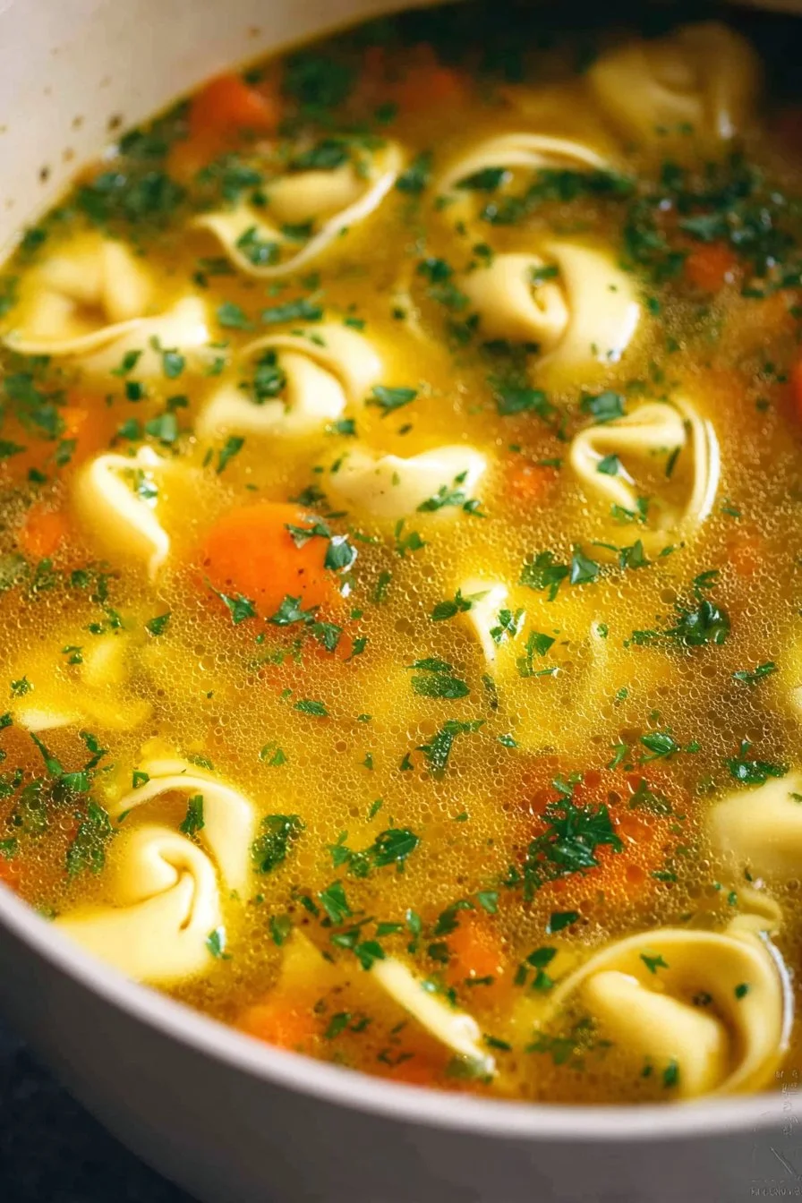 Delicious tortellini soup with pasta, vegetables, and herbs in a warm bowl