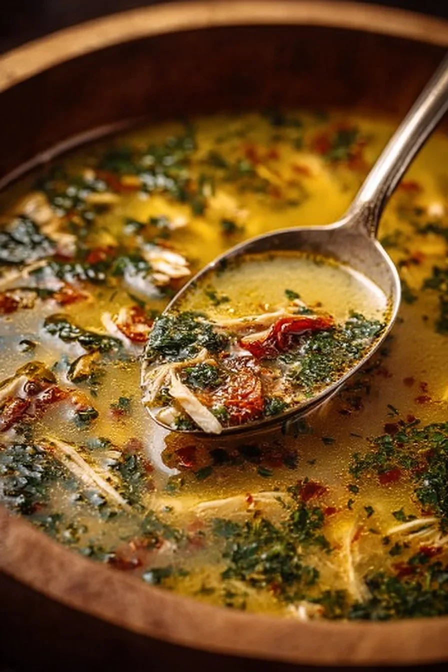 Delicious bowl of chicken soup with fresh herbs and vegetables