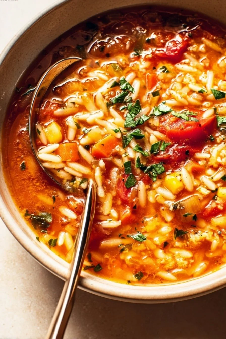 Bowl of Vegetable Orzo Soup filled with fresh vegetables and orzo pasta.