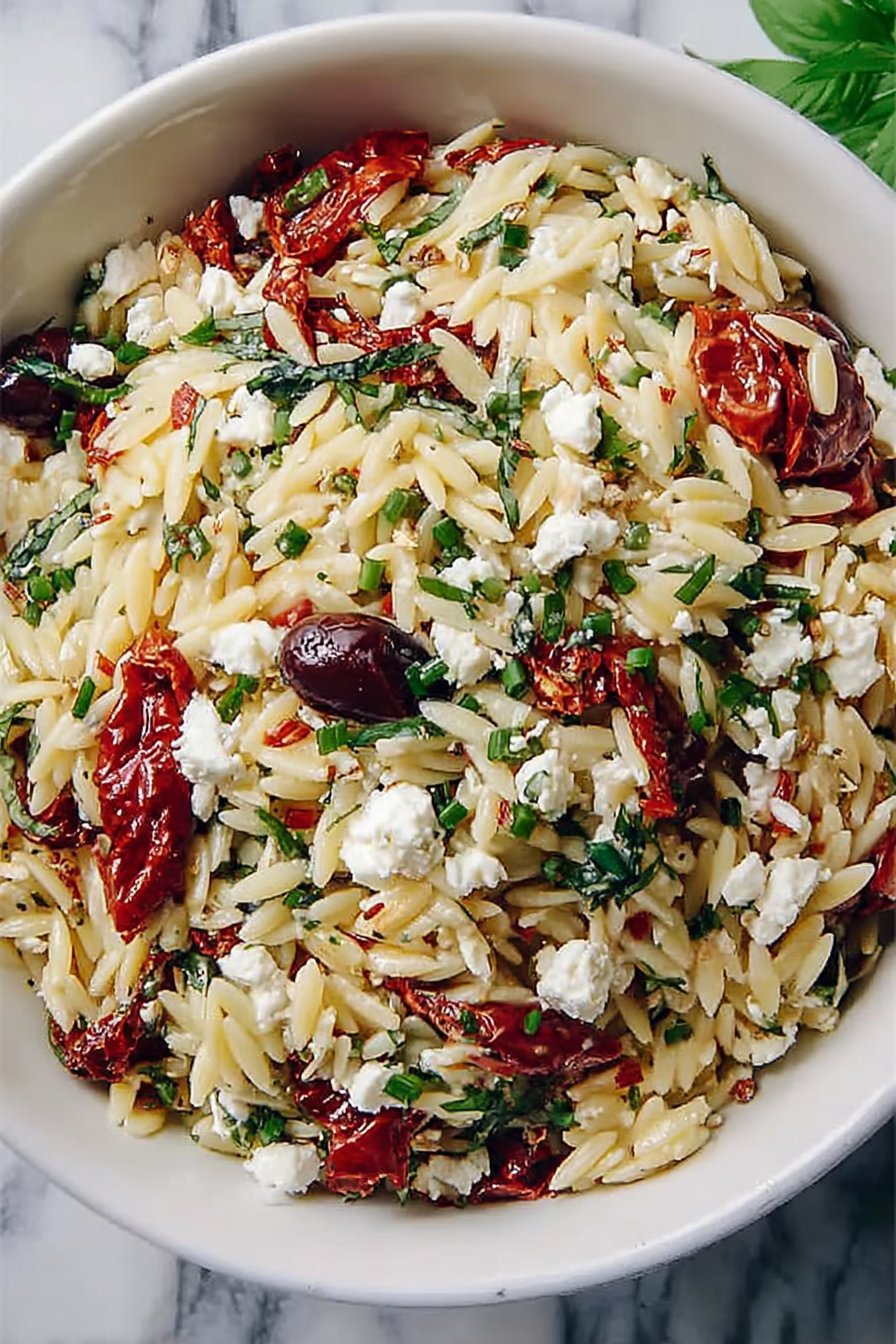 Homemade Orzo Pasta Salad with Feta and Sun Dried Tomatoes - flirtyfood