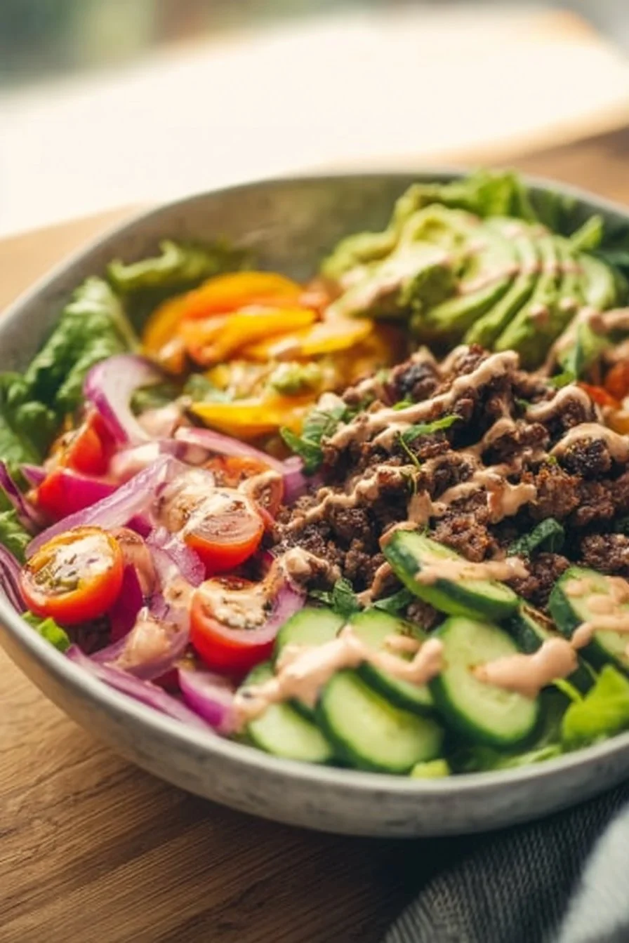 Whole 30 Burger Bowl with fresh vegetables and grilled beef