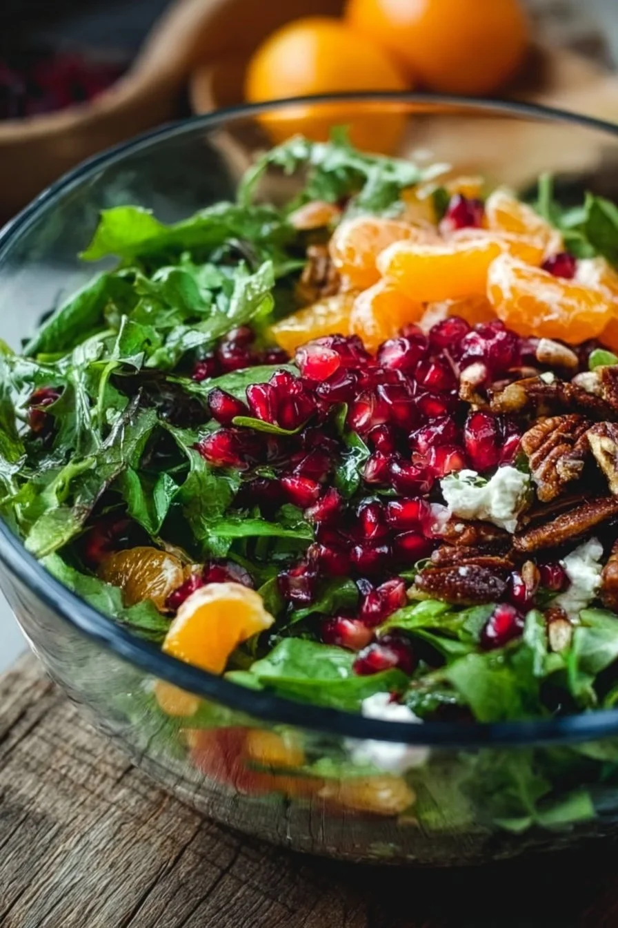 A colorful winter salad with greens, nuts, and seasonal vegetables.