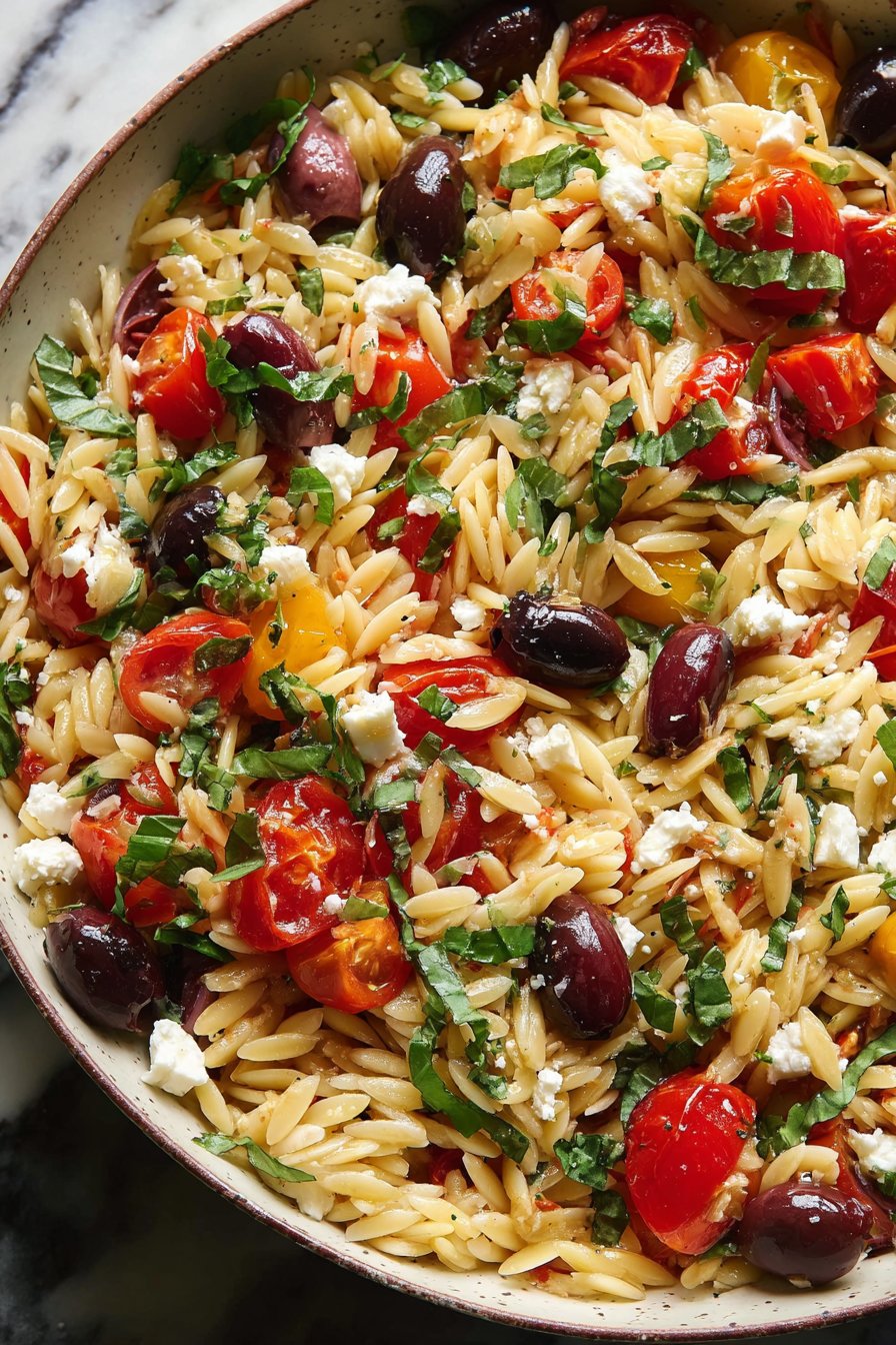 Greek Orzo with Tomatoes, Olives, Basil, and Feta