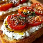 5-Ingredient Ricotta and Tomato Sourdough Toast topped with fresh tomatoes and herbs