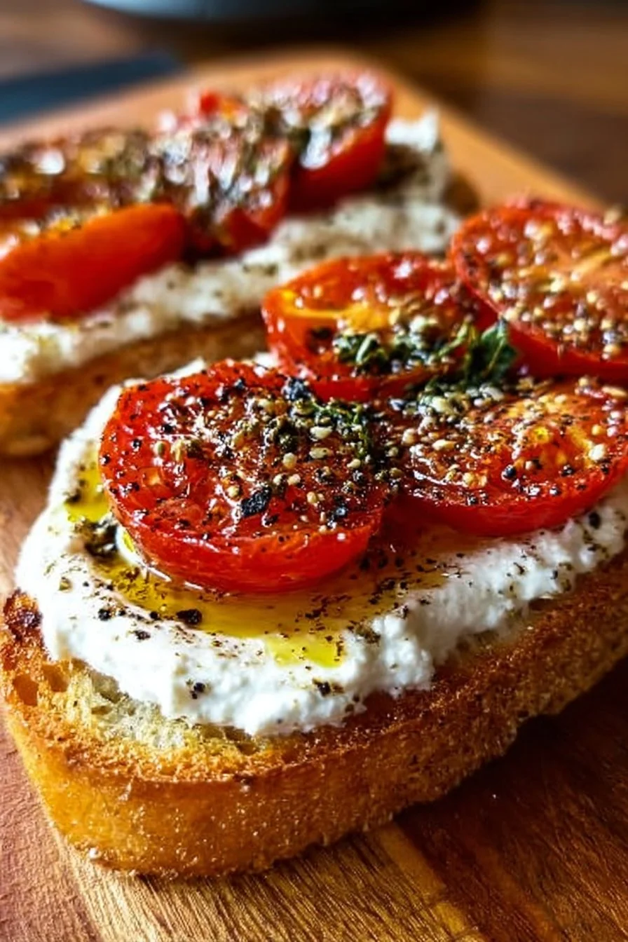 5-Ingredient Ricotta and Tomato Sourdough Toast topped with fresh tomatoes and herbs