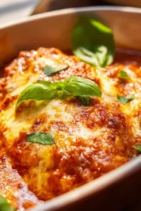 Plate of baked ricotta chicken garnished with herbs and served with vegetables