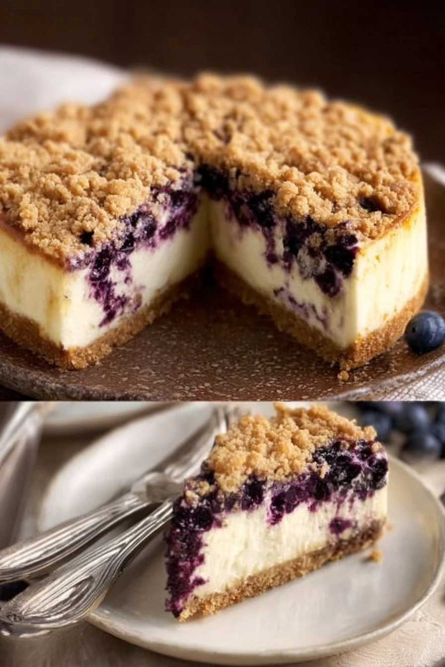 Delicious slice of blueberry cheesecake topped with fresh blueberries and whipped cream.