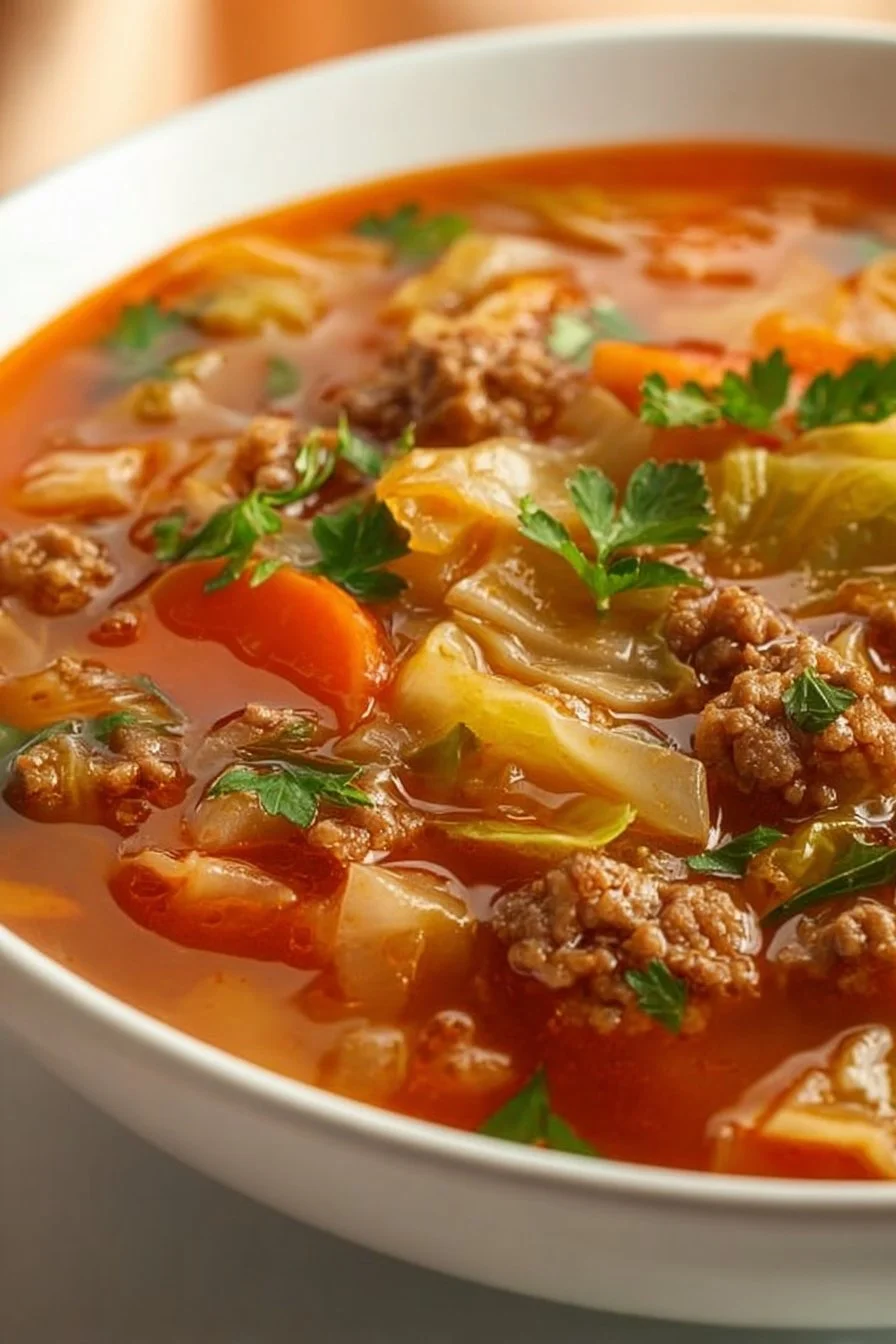 A steaming bowl of delicious cabbage roll soup garnished with herbs.