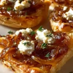 Caramelized onion and goat cheese tarts ready to serve on a plate.