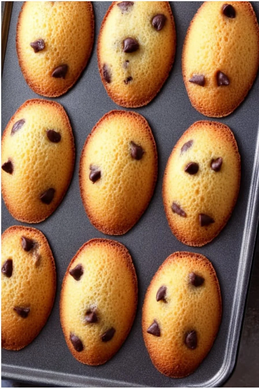 A plate of freshly baked Chocolate Chip Madeleines, golden and delicious.