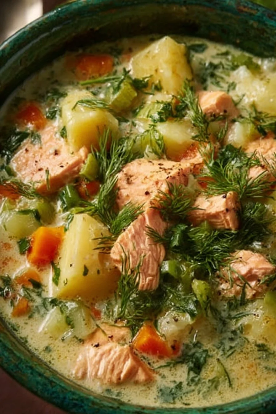 Creamy dill salmon soup with potatoes and leeks in a bowl