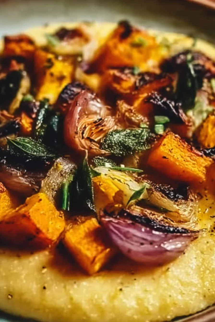 Creamy pumpkin polenta served with a variety of roasted vegetables.