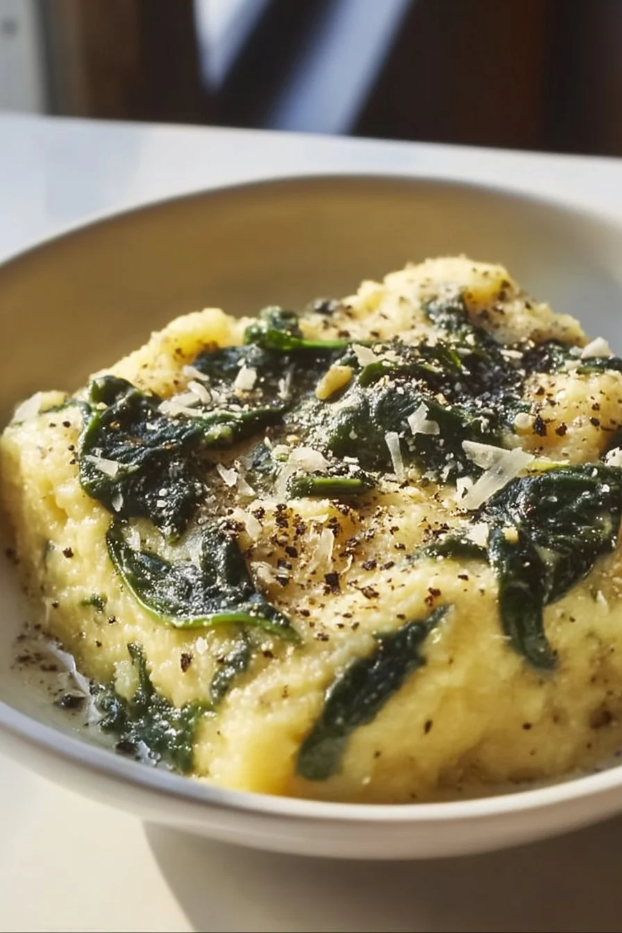Creamy spinach polenta dish garnished with fresh spinach leaves.