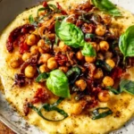 Creamy vegan polenta topped with caramelized onions in a bowl