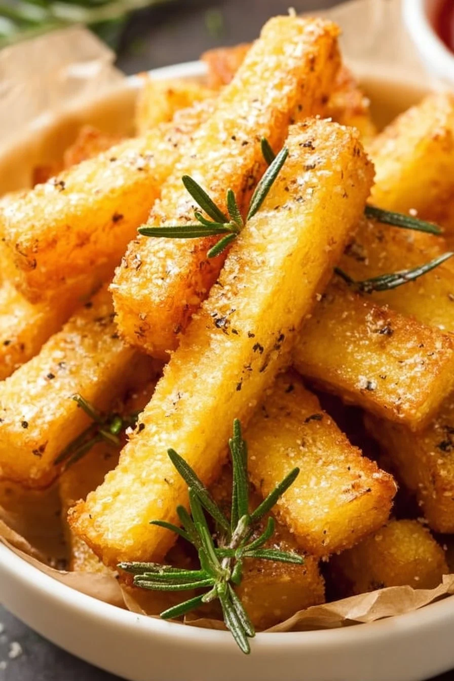 Crispy baked polenta fries served with dipping sauce