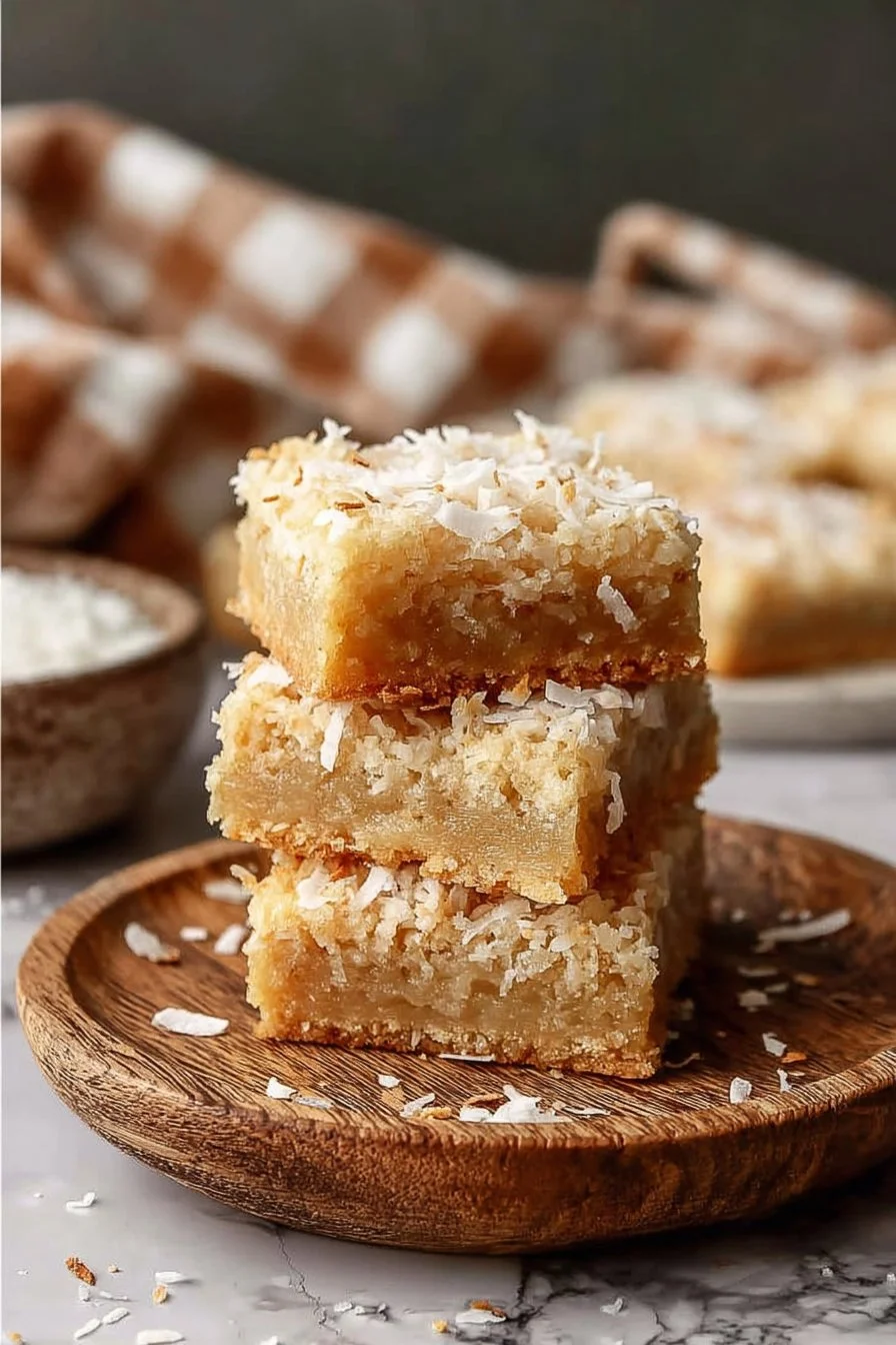 Delicious easy coconut bars with a buttery crust on a plate