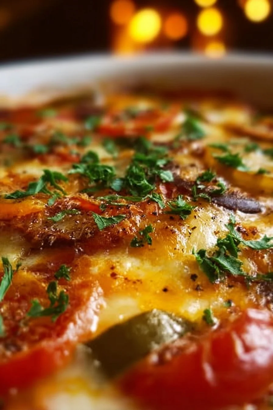 Creamy vegetable cheese polenta served in a bowl garnished with fresh herbs