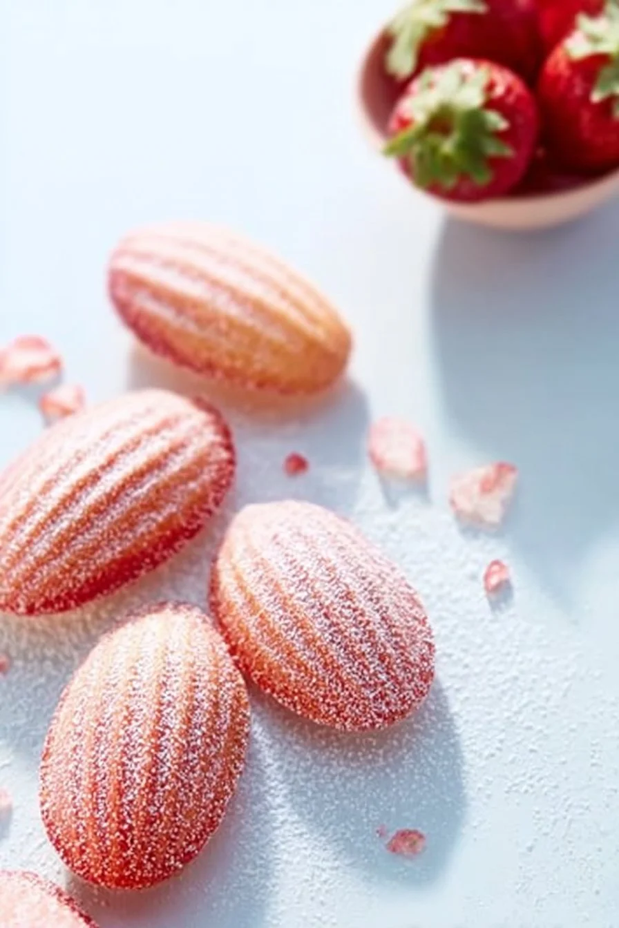 Freshly baked French strawberry madeleines on a plate