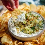 Bowl of creamy Fried Pickle Dip garnished with pickles and served with chips