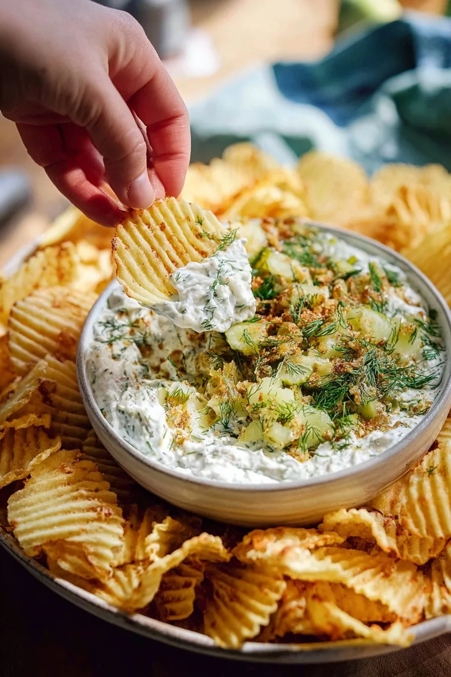 Bowl of creamy Fried Pickle Dip garnished with pickles and served with chips