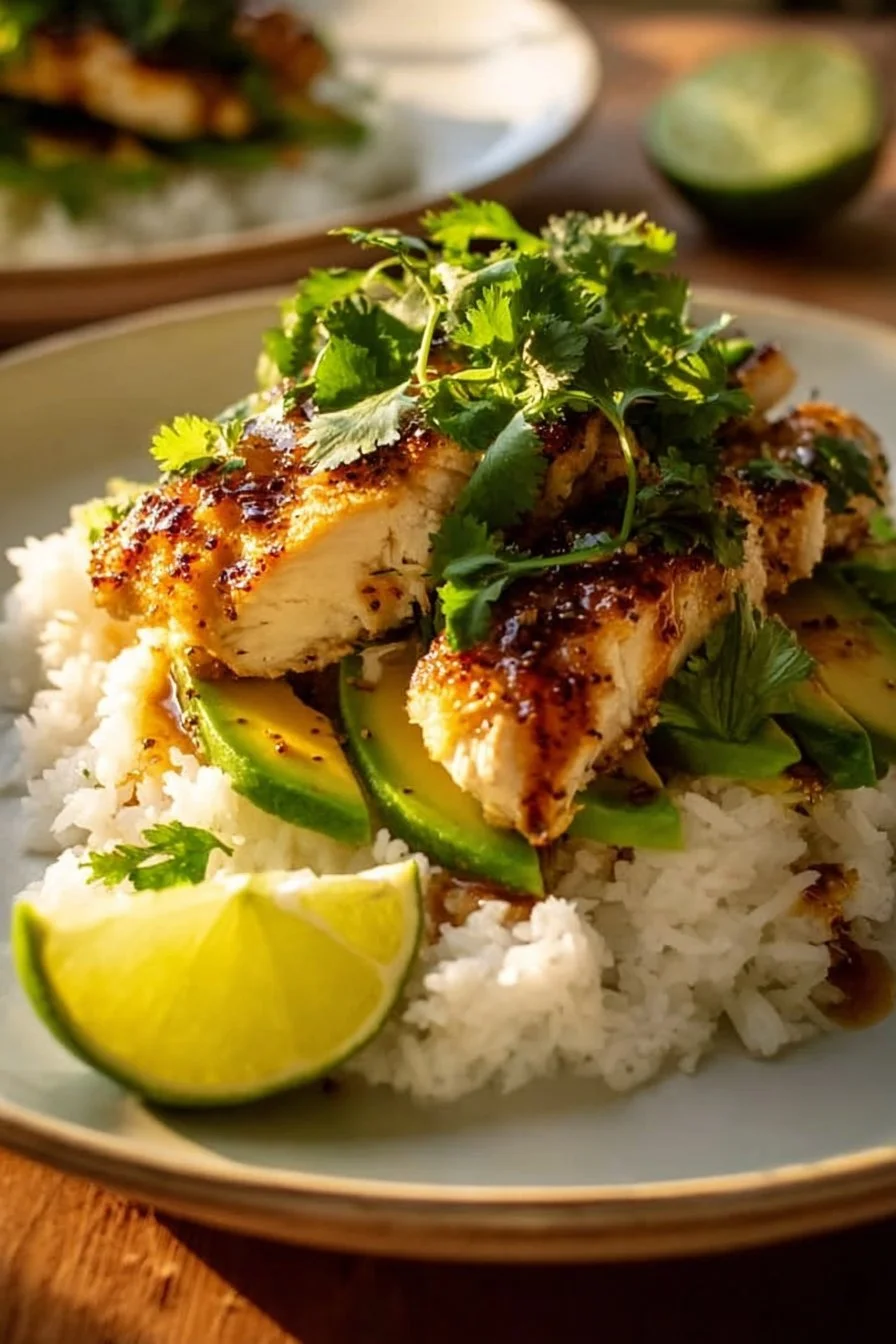 Honey Lime Chicken served with Avocado Rice in a delicious stack.